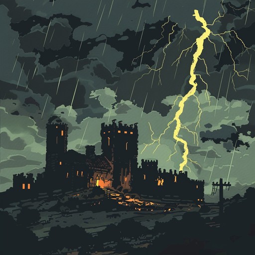 An intense, dramatic orchestral piece capturing the ferocious energy of storming an ancient citadel. The music builds tension with sweeping strings, thunderous percussion, and bold brass sections, transporting the listener to a battlefield where heroes clash with formidable foes under a stormy sky.