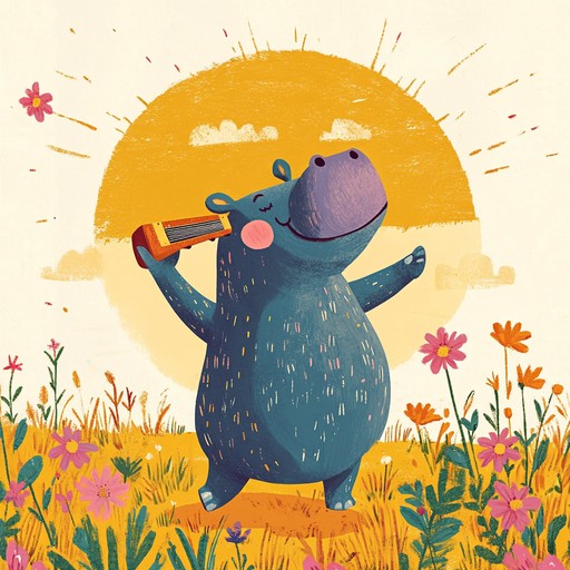 A lively instrumental track featuring a bouncing harmonica leading cheerful melodies over upbeat rhythms, evoking images of happy hippos dancing joyfully in a sunlit meadow.