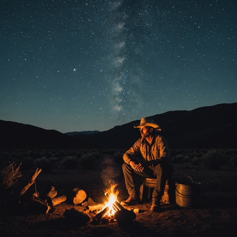 Under the expansive desert sky, a weathered cowboy plays his guitar, each note a poignant echo of the love he once had and the solitude he now feels.