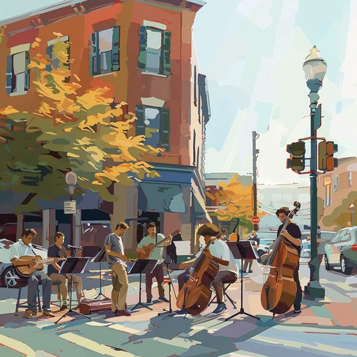 An energetic composition capturing a bustling city's authentic street corner swing. Lively brass, spirited improvisations, and brisk tempos deliver a euphoric, nostalgic journey through jazz's golden age. Ideal for capturing the freedom and joy of music in public spaces.