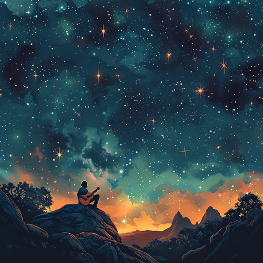 A fusion of traditional folk melodies with spacey rock elements, creating an ethereal journey through the cosmos. The acoustic guitar leads with delicate plucks while layers of electric guitar add ambient textures, simulating the feeling of drifting through the stars. Atmospheric synthesizers gently weave in and out, enhancing the celestial atmosphere and evoking the mystery of the universe.