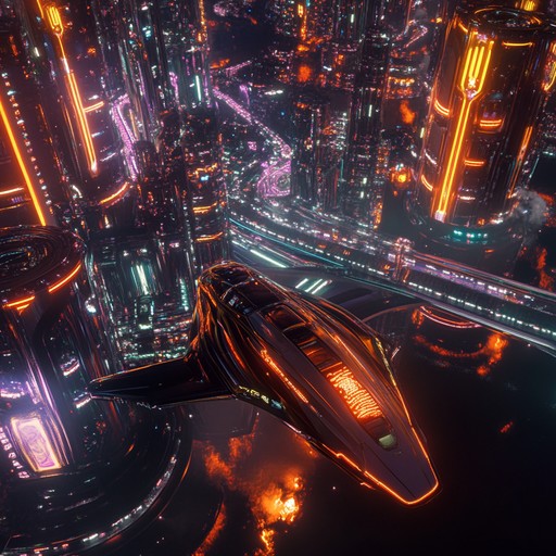 Transport yourself to a calm evening in a cybernetic city, where the glow of neon lights reflects deep, soothing tones and a feeling of floating amongst skyscrapers.