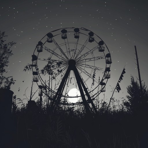 An instrumental track featuring haunting melodies played on a detuned calliope, layered over unsettling background noises of creaking metal and distant whispers. It conjures the image of a deserted carnival where shadows loom and the atmosphere is thick with mystery and unease.