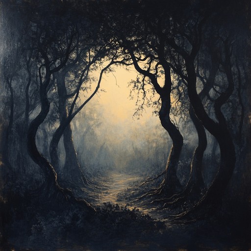 Create an unsettling aural landscape with eerie whispers and creeping shadows, evoking an atmosphere of dread and tension, perfect for a horror soundtrack