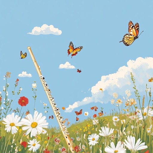 Visualize a sun drenched meadow in full bloom, with vibrant flowers and buzzing bees, accompanied by light hearted flute melodies and gentle percussion, evoking a serene, joyful ambiance.