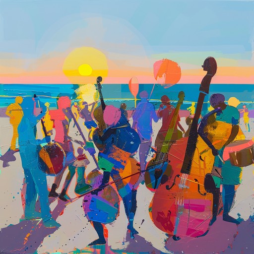 A captivating mambo composition filled with spirited brass and dynamic rhythms, designed to create a euphoric atmosphere reminiscent of a tropical beach party, encouraging listeners to dance joyfully and celebrate life