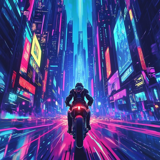 An electrifying instrumental track capturing the adrenaline fueled energy of a high speed pursuit through dark alleys and glowing skyscrapers of a futuristic metropolis. Pulsating synthetic beats merge with crashing electronic melodies, creating an immersive soundscape embodying the essence of cyberpunk.