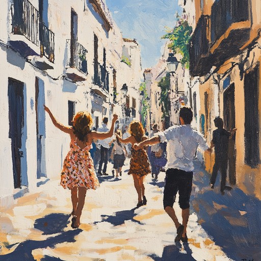 Picture a vibrant spanish street, bathed in sunlight, where people are dancing joyfully. This rumba track brings an upbeat and lively atmosphere, with rhythmic guitar strums complemented by bongo drums. An instrumental piece designed to lift spirits and evoke summer celebrations.