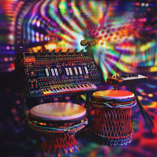 An instrumental track combining vibrant afrobeat percussion with energetic electronic synths, creating an exhilarating blend of traditional and modern sounds