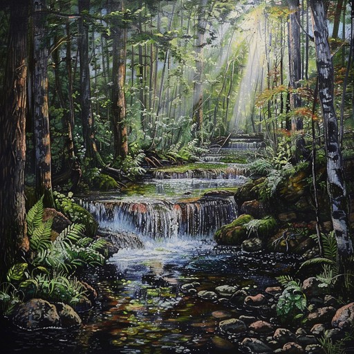 A tranquil and soothing instrumental piece that captures the essence of a peaceful creek softly flowing through a lush forest. The delicate sounds of water trickling over rocks and the gentle rustling of leaves in the breeze create a serene atmosphere.