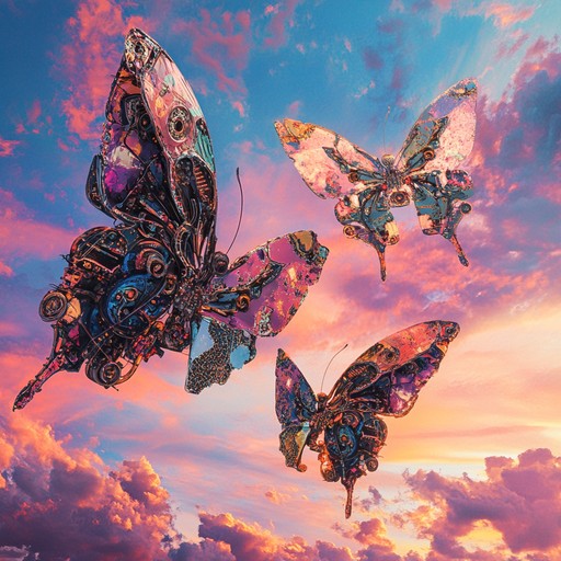 An experimental rock instrumental piece featuring whimsical melodies and unpredictable rhythms, evoking images of mechanical butterflies fluttering and whispering softly in a surreal soundscape.