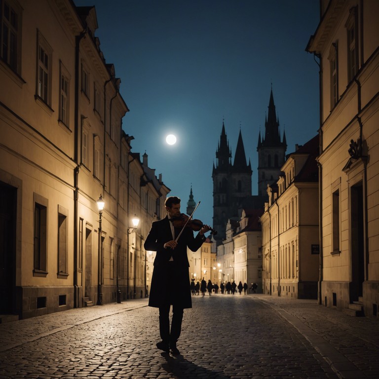 As stars pepper the sky, a lone violinist plays a symphony of love and mystery on a cobbled street in prague, capturing the spirit of a romantic night with melodies that touch the soul.