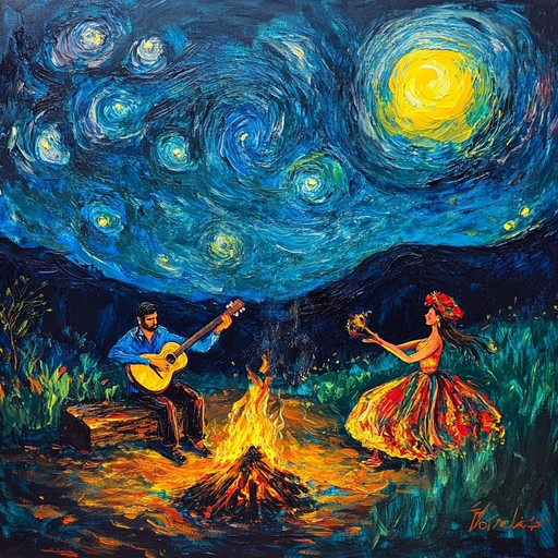 An evocative instrumental journey that intertwines the fiery rhythms of flamenco guitar with the soulful melodies of romani music, capturing the passionate spirit of the gypsy culture. The piece builds with intricate guitar strumming, dynamic percussion, and emotive violin strains, creating a vibrant tapestry of sound that transports the listener to a moonlit gathering around the campfire, where stories are shared through music and dance.