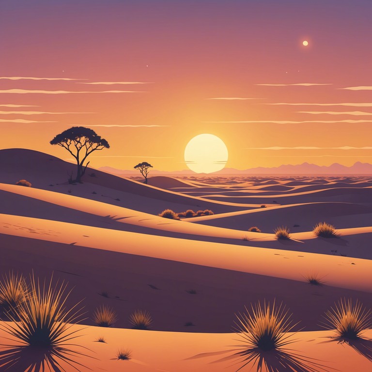 A mesmerizing musical piece designed to transport the listener to the serene dawn of the desert, combining the majestic beauty of the landscape with a deep, reflective, and hopeful mood.