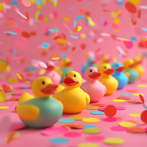 A whimsical, triumphant instrumental piece featuring the playful and quirky sounds of rubber ducks conjuring images of a parade of these cheerful bath toys. The melody is driven by an enthusiastic brass section and lighthearted percussion, creating a spirited and fun loving atmosphere. Perfect for children's content, comedies, and light hearted celebrations.