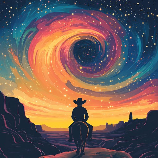 An instrumental journey that fuses traditional country guitar riffs with trippy, atmospheric synths, capturing the feeling of a cowboy riding into a surreal sunrise.