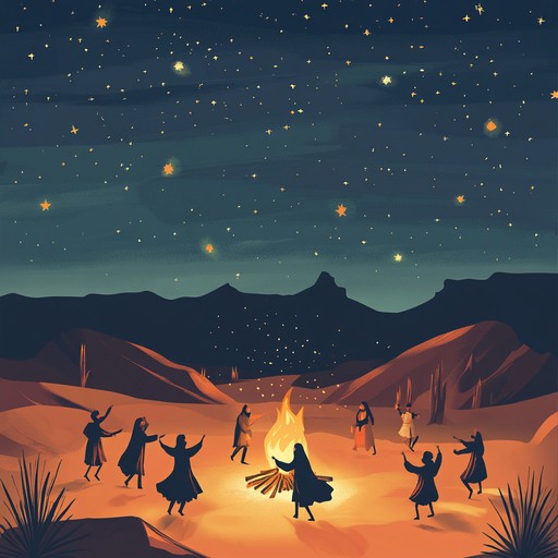 An instrumental piece that captures the energy and spirit of a nomadic fire festival, blending traditional middle eastern instruments like the oud with modern rhythmic elements to create a vibrant and festive atmosphere that transports listeners to a desert celebration under starry skies.