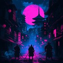 flamboyant neon future with dramatic samurai duels under moonlight