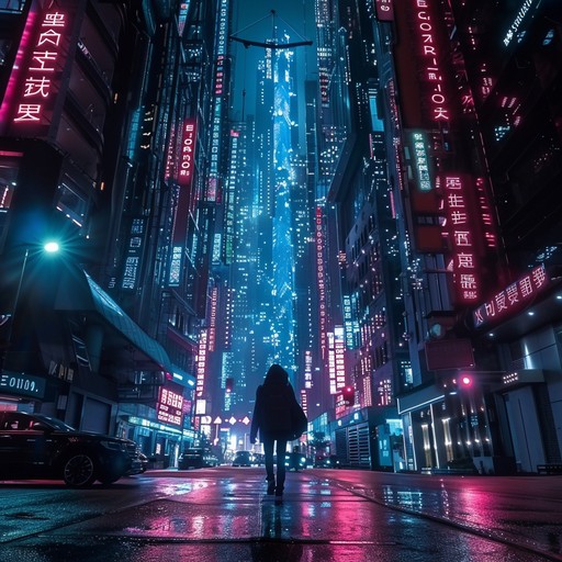 A melancholic, reflective synth journey through a desolate urban dystopia. This piece emphasizes solitude in a cold, neon lit environment, blending retro electronic elements with modern, ethereal soundscapes. Pulsating basslines and shimmering synths create a vast, yet lonely soundscape, perfect for a lone figure's nighttime wanderings through the cyber cityscape.