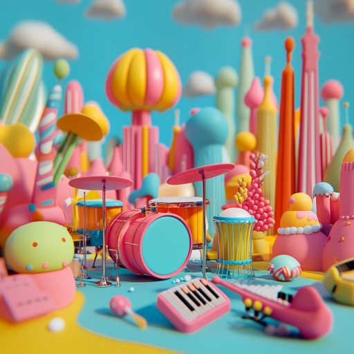 Imagine a world where toy instruments come alive to create an exhilarating, vibrant soundscape. Synthesizers, electronic sounds, and playful beats blend to evoke the joy and excitement of a whimsical candyland adventure.