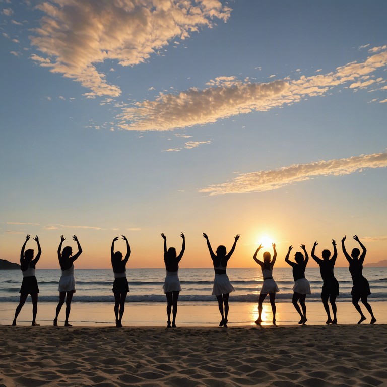 Imagine a scene at a vibrant summer festival, where everyone is dancing to the upbeat rhythms of a marimba led rumba. The music blends traditional rumba rhythms with a joyful festival atmosphere, making everyone feel the thrill of the celebration under the summer sun.