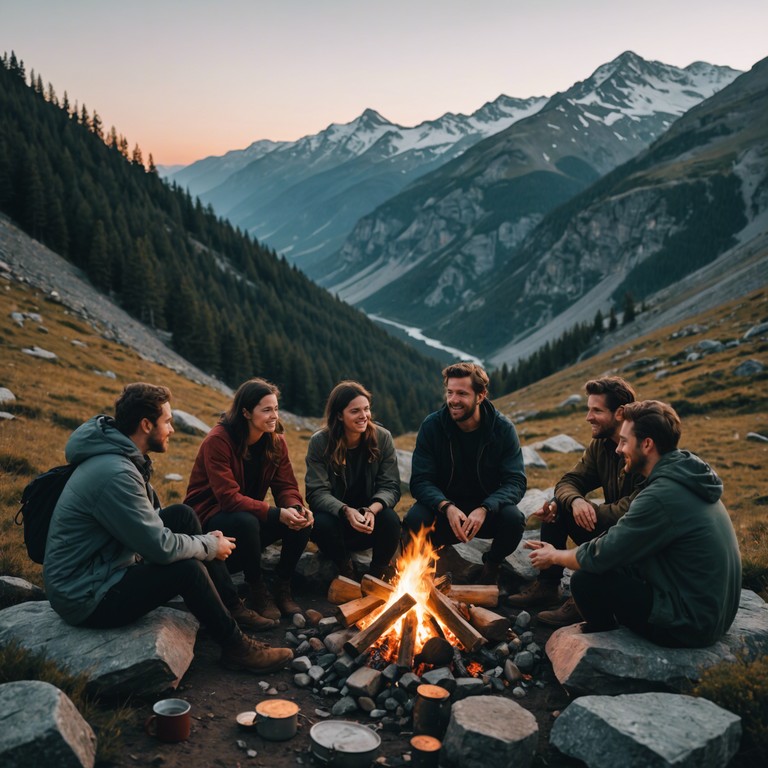 Imagine a joyful musical session held around a campfire in the appalachian mountains, where every strum of the banjo entwines with stories of the land and its traditions, resonating with the spirit of the open space and starry skies.