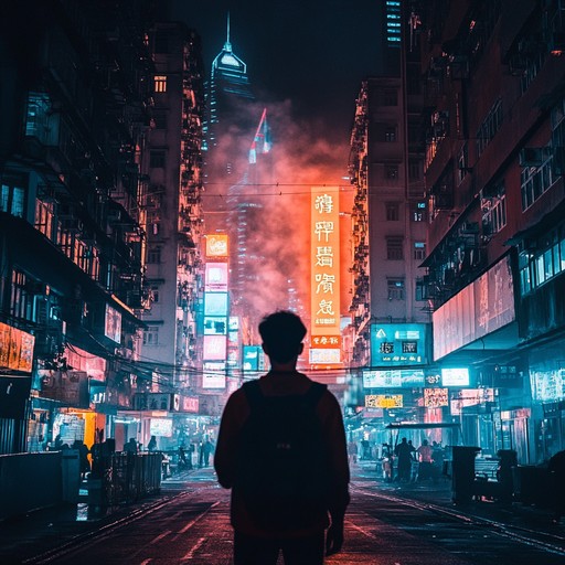 Mesmerizing grooves and synths evoke dancing shadows among neon lights in a cyberpunk metropolis.