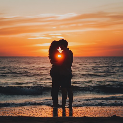 A tender melody highlighting acoustic guitar and smooth strings, eliciting images of a lovely twilight romance by a beach, permeated with joy and deep love.