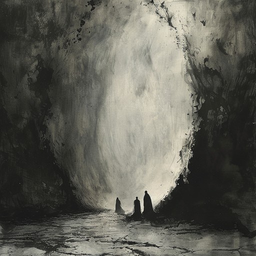 A haunting journey through echoing voids, where ghostly, distant voices chant in the suffocating darkness. The piece creates an intense immersion into a sonic abyss, enveloping the listener in layers of unsettling textures, ominous drones, and spectral harmonies that weave a narrative of ancient, foreboding landscapes. The subtle interplay between silence and sound invokes a sense of isolation and dread, perfect for dark ambient explorations.