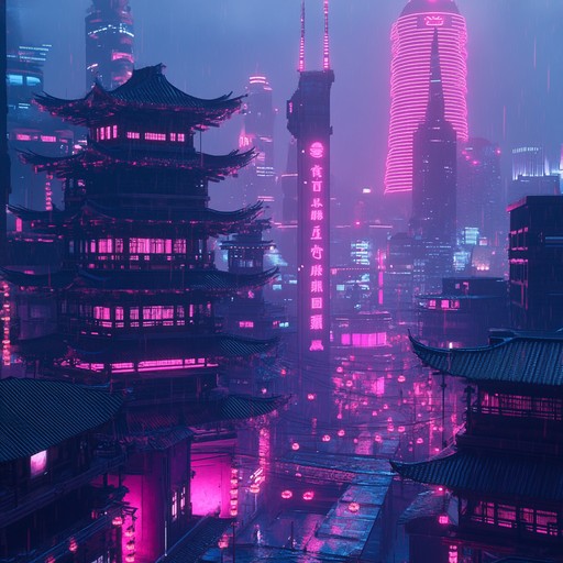 Craft an immersive soundscape that merges meditative, spiritual elements with the futuristic, pulsating energy of cyberpunk. Layers of ethereal synth pads and glitchy electronic pulses create a serene yet energized environment. Imagine spiritual tranquility intertwined with the neon lit hustle of a futuristic city.