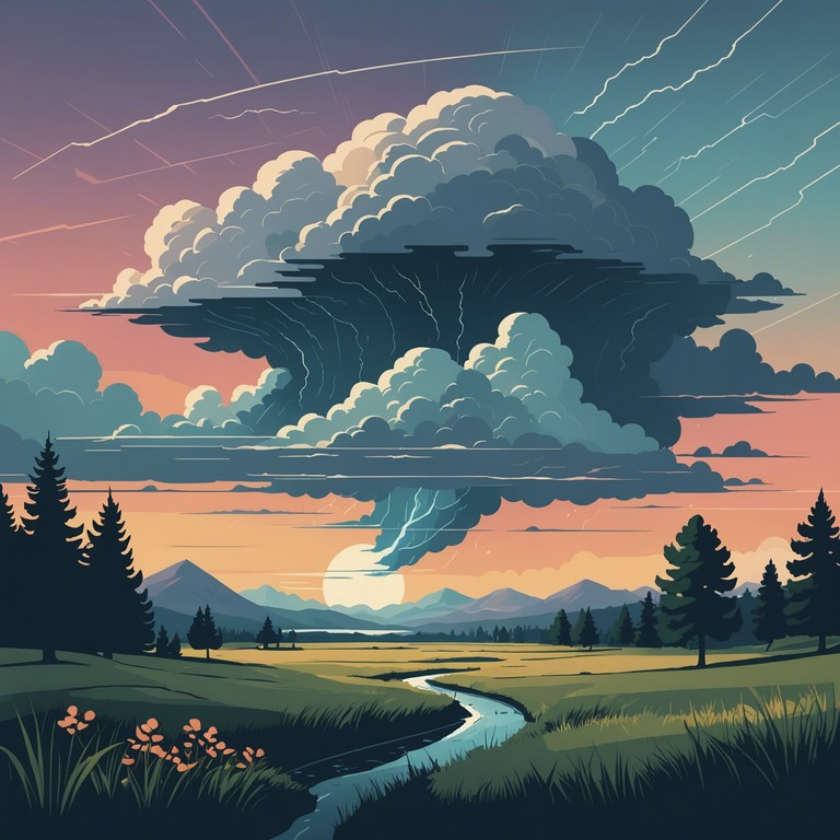 Imagine a serene environment where powerful electric guitar riffs blend smoothly with a backdrop of gentle percussion, creating a relaxing yet energetic atmosphere. The music embodies the quiet before a surge of a thundering rock storm, ideal for contemplative and serene moments needing a touch of energy.