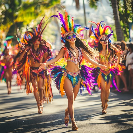 Energetic rhythms blend with vibrant melodies capturing the lively essence of a traditional carnival street parade. With a burst of energetic brass, rhythmic percussion, and joyous tunes, this instrumental piece transports listeners to a colorful and spirited celebration filled with dancing and jubilation.