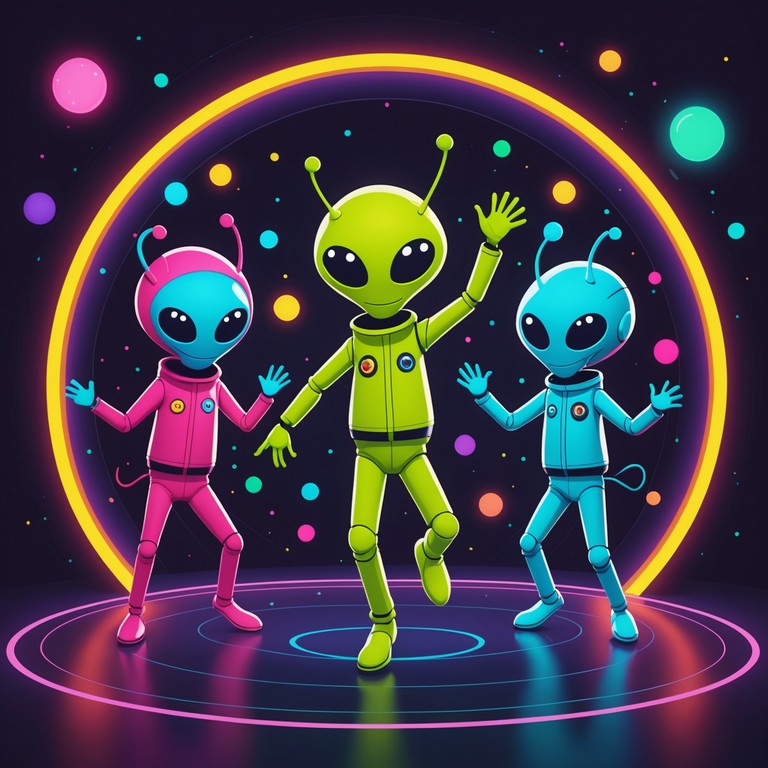 Imagine a galactic rave where playful extraterrestrials dance amidst ethereal bubbles. The music, powered by whimsical synthesizer melodies, captures the joyous and quirky energy of an alien celebration in zero gravity. The tones mimic the popping of bubbles, providing a rhythobic backdrop interspersed with high pitched playful notes that evoke images of a neon lit cosmic dance floor.