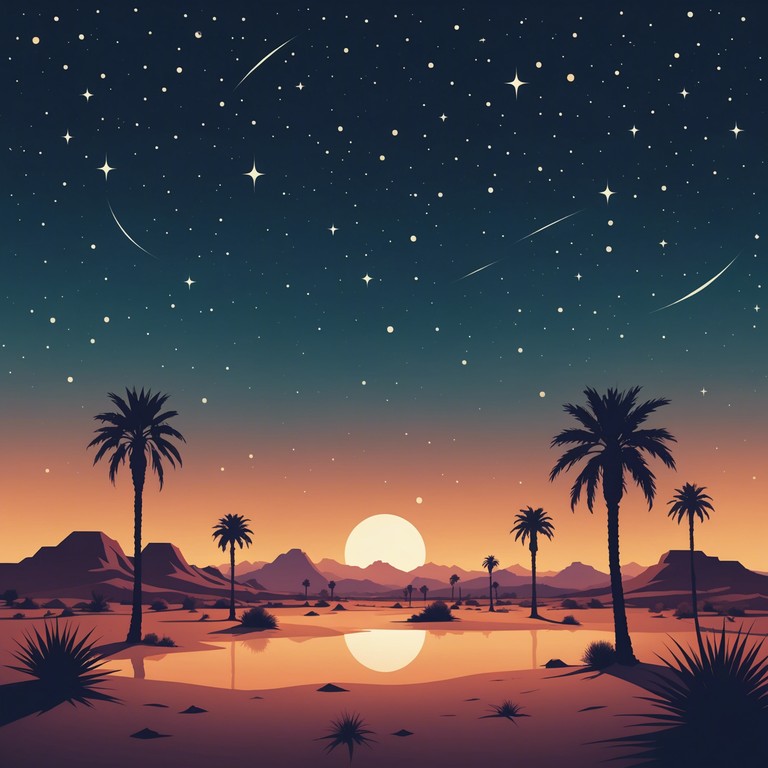 Transport your senses to a serene, expansive desert landscape at twilight, where the sky paints hues of deep orange and purple. The track creates an aural space where each note echoes the beauty and mystery of vast sandy realms, intertwined with occasional gentle winds and the distant call of desert dwellers. The composition focuses on slow evolving textures and subtle ethnic influences that add to the aura of being in a captivating, otherworldly oasis.