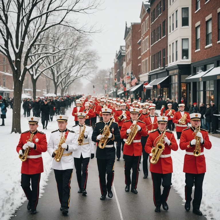 A winter parade scene where disciplined military drumming intertwines with the joyous melodies that speak to the festive cheer, generating a lively yet structured musical experience.