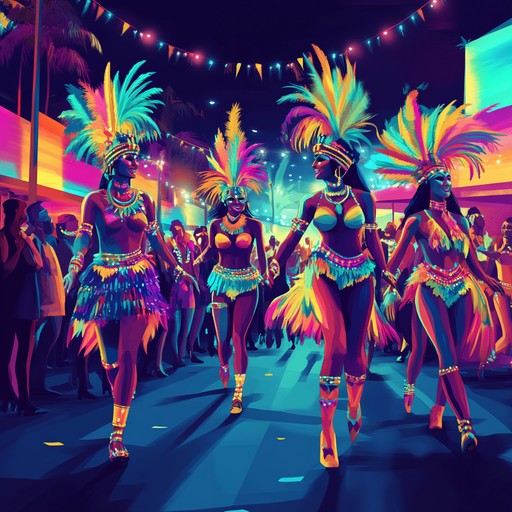 An instrumental track that blends traditional samba rhythms with modern electronic elements, creating an energetic and festive atmosphere reminiscent of a futuristic carnival parade.