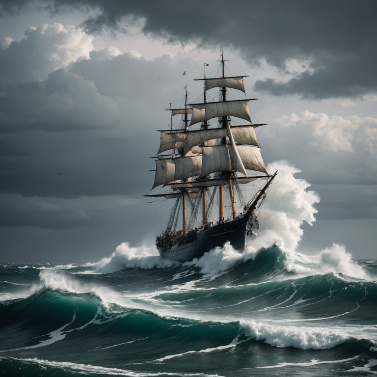 Imagine a powerful composition blending traditional russian folk instruments with contemporary chaos, symbolizing both the historical gravitas and the wild, unpredictable nature of the sea. This piece captures the essence of a russian navy vessel navigating through a tumultuous storm, reflecting the resilience and bravery of its crew.