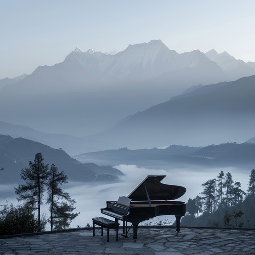 A contemporary classical piece blending intricate piano melodies with exotic himalayan musical techniques, creating an immersive aural landscape. The composition weaves together delicate harmonies and rhythmic patterns inspired by ancient himalayan traditions, resulting in a harmonious convergence of worlds.