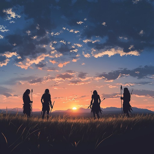 A powerful fusion of tribal drumming and majestic orchestral arrangements, reminiscent of dawn ceremonies in ancient cultures. The track begins with primal beats played on traditional drums, gradually building up with the addition of deep, resonant strings and brass, evoking a sense of awakening and unity within a vast, untamed wilderness.