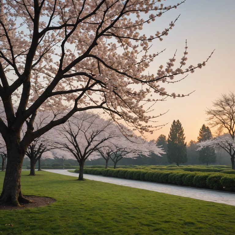 This track captures the enchanting serenity of cherry blossoms blooming at dawn. Gentle and contemplative, it uses sparse instrumentation to evoke a peaceful morning scene, making listeners feel as though they are walking through a tranquil garden in the early light.