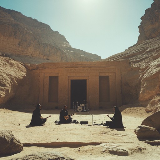 Channel the mystique of an ancient desert temple, fusing hypnotic middle eastern melodies with powerful heavy metal guitar riffs. The result is an electrifying instrumental journey, seamlessly melding exotic scales with chugging rhythms, dynamic solos, and an intense, atmospheric soundscape that feels both otherworldly and powerful