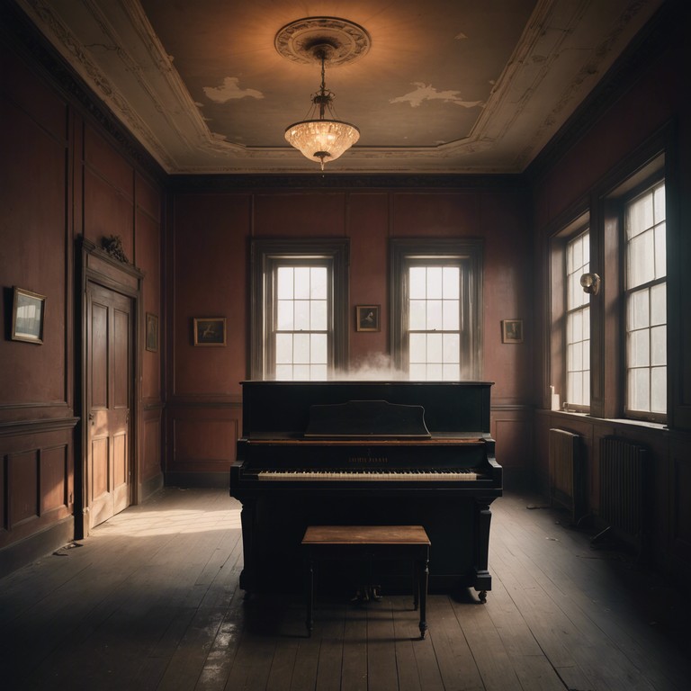 The scene is a grand yet eerily empty cabaret hall where echoes of laughter and music once filled the air. Now, only a solitary piano's sound haunts the space, playing a composition that is both beautiful and chillingly isolated.