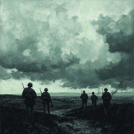 An intense and brooding instrumental piece that portrays soldiers preparing for battle. The deep, resonant drumbeats combined with somber melodies create a powerful atmosphere of unease and determination. Perfect for depicting the emotional and physical challenges faced by military personnel.