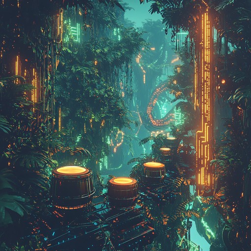 A high energy instrumental track blending electronic pulsations with primal percussion, creating a danceable soundscape where modern technology meets ancient rhythms in the heart of a rainforest.