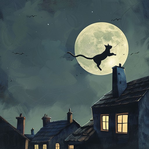 Imagine a whimsical musical soundtrack that follows a spirited cat's adventures across moonlit gardens and rooftops, filled with encounters of the night's enchanting creatures and mysteries.