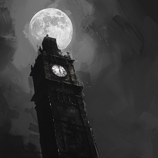 Ghostly chimes fill a deserted clock tower, juxtaposed with strange ambient noises, creating an atmosphere of fear and mystery, perfect for eerie and unsettling backdrops.