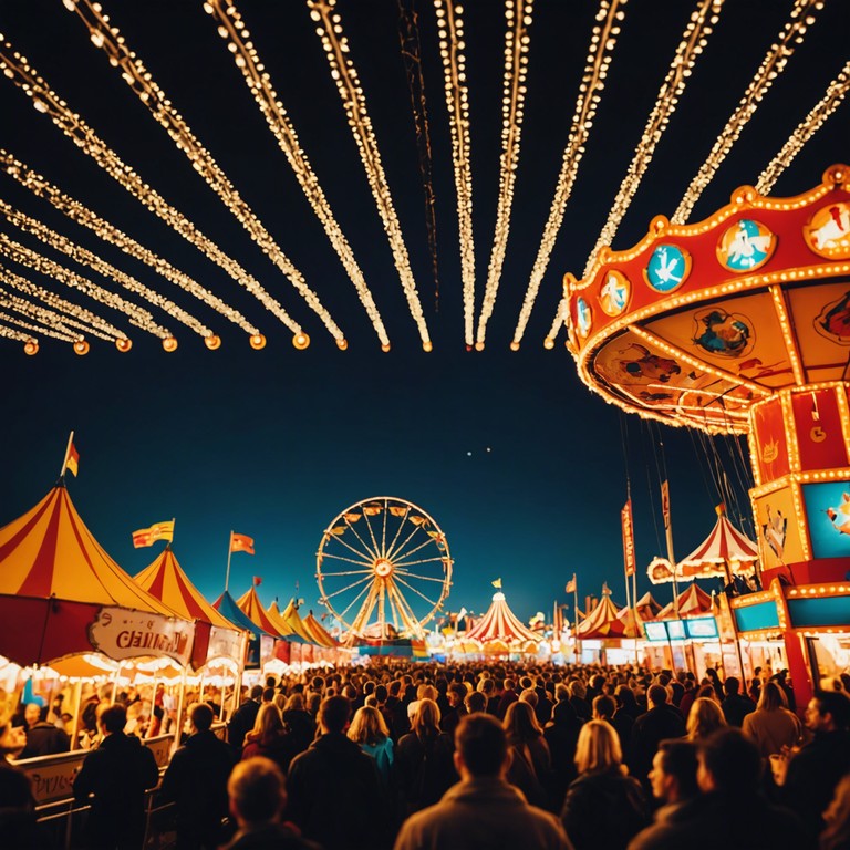 Imagine a sonic representation of a chaotic carnival where every beat is a burst of unrestrained joy and swirling colors. Sirens blend with fast paced rhythms creating an intense auditory experience that mirrors the unpredictable thrill of a carnival ride at full swing.