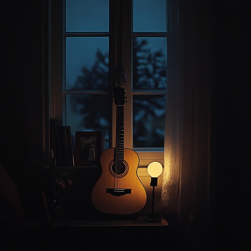 An ambient guitar reverberates in a quiet room, creating melancholic and introspective melodies. Each note and strum conveys the serene and contemplative atmosphere of a solitary night, drawing listeners into a private world of thoughts and emotions.