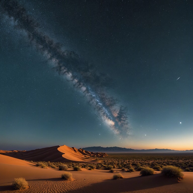 A soulful electric guitar plays under a canopy of stars, its bluesy tones echoing in the expansive desert setting, blending with whispers of the night wind.