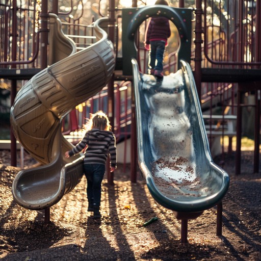 Children's music that resonates with the adventure and raw excitement of playground games, highlighted by suspenseful, percussive tones and playful sound design.